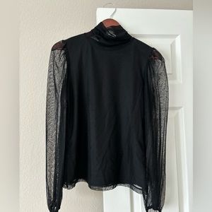 Black lightweight turtleneck blouse with sheer sleeves, worn once